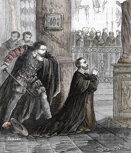 1485 年 9 月 17 日、スペインのサラゴサ大聖堂での異端審問官ペドロ デ アルブエス (1441 ～ 1485 年) の暗殺 (スペインの異端審問官ペドロ デ アルブエスの役人は、1485 年にサラゴサのラ セオ大聖堂で暗殺されました。 会話する