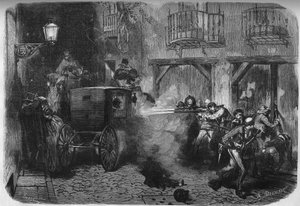 1870年12月28日、マドリードのデル・トルコ通りで、スペインの将軍であり政治家でもあったフアン・プリム・イ・プラッツ（1814-1870）がコルテスから退出する際に暗殺された事件。1871年2月25日付「Le Monde Illustré」724号に掲載されたエングレーヴィング。