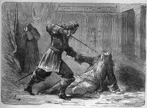 スウェーデン女王クリスティーナ（1626-1689）の愛人、ジャンリナルド・モナルデスキ侯爵の暗殺 - 1656年、スウェーデン女王クリスティーナ（1626-1689）の愛人、ジャンリナルド・モナルデスキ侯爵がフォンテーヌブロー城で暗殺された事件。のエングレーヴィング。
