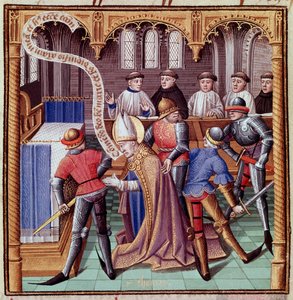 1170年のトマス・ベケット暗殺（カンタベリーの聖トマス暗殺） ジャン・ド・ヴィニェがフランス語に翻訳したヴァンサン・ド・ボーヴェ（1190-1264）の「歴史的考察」（Speculum Historiale）から抜粋した細密画。 作： French School