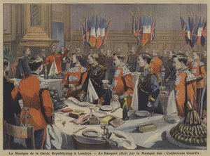 ロンドンでコールドストリームガードのバンドが主催する宴会に出席するフランス共和国親衛隊のバンド（カラーリトグラフ 作： French School