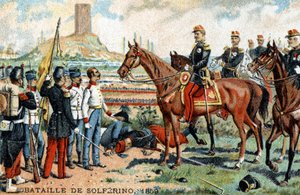 1859年、フランス・サルデーニャ軍（勝者）とオーストリア軍（敗者）の間で行われたソルフェリーノ（イタリア）の戦い。19世紀のカラーリトグラフ。 作： French School