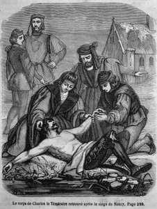 ナンシーを包囲した後に発見されたシャルル太守（1433-1477）の遺体-L.-P.の「Histoire de France」に掲載されています。アンケティル 作： French School