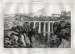 橋には二重のアーケードがある - CIVITA CASTELLANA - Province of Viterbo - Italy - M. de Norvins, Ch. Nodier 1834-1836による "Italy Picturesque" - History and Descriptive Painting of Italyからのエングレーヴィング。 作： French School