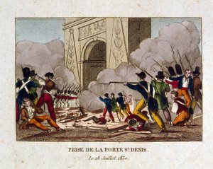 1830年のフランス革命におけるパリのサン・ドニ門の占領 作： French School