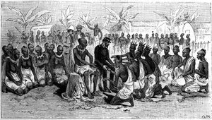探検家ピエール・サヴォルグナン・ド・ブラッツァ（1852-1905）の手に両手を合わせ、領土放棄のサインをするコンゴ沿岸の首長たち。ラ・ネイチャー」に掲載された版画。Revue des sciences and de ses applications aux arts and a