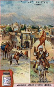 ムラーが戦争を説くアフガニスタンのカンダハールの街。19世紀の広告用クロモリトグラフ。 作： French School