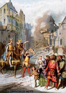 ランスのコミューン（1160年） - ランスのブルジョワの共同体的自由を破壊するルイ7世の報復。シリーズ「映像による愛国教育」のクロモリトグラフ。 作： French School