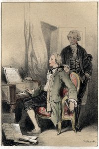 レクイエムを作曲する作曲家ヴォルフガング・アマデウス・モーツァルト（1756-1791）。ヴァレリオによる2色刷りの "Scenes de la vie des hommes famous "からの抜粋。1843. 作： French School