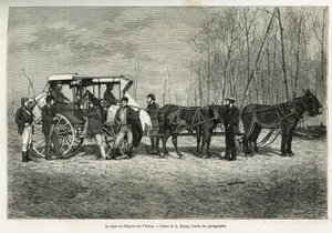 1873年にH.ドゥ・ラモットが行ったカナダと北部レッド・リバーへの小旅行の物語を説明するために、A.デュピュイが描いた「大草原の馬のコースまたは勤勉さ」。Le tour du monde」に掲載された版画 作： French School