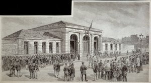 1886年、パリの死体安置所前の群衆。 作： French School