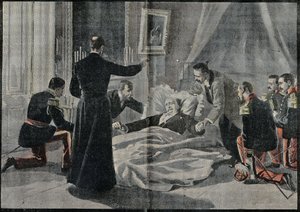 フランス大統領フェリックス・フォール(1841-1899)の死、アベ・ルノーは彼に赦免を与えた。1899年2月26日付「ル・ペレラン」誌に掲載されたエングレーヴィング。