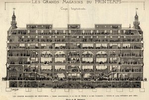 1889年のプランタンのデパート、縦断面、Rue du HavreからRue Caumartinまで、Berteaultの図面、Bianchettiコレクション。 作： French School