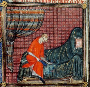 The dream, detail:恋人のドレス。Jean de Meun、Jean de MeungまたはJean Chopinel、Jean Clopinel（v.1240-1305）による「薔薇のロマン」のミニチュアで、1370年頃の作品。シャンティイ、コンデ美術館 作： French School