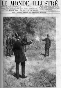 陸軍大臣ジョルジュ・ブーランジェ将軍（1837-1891）と上院議員バロン・ラレインティの決闘。1886年「The Illustrous World」に掲載された版画。 作： French School