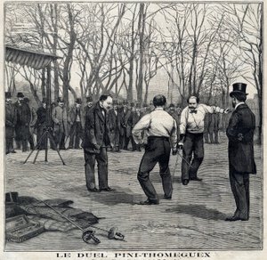 サン・トゥアン公園(Saint-Ouen)で行われた武器の達人ピニとトメグエの決闘の様子。1897年3月28日の「Le Petit Parisien」にて。 作： French School