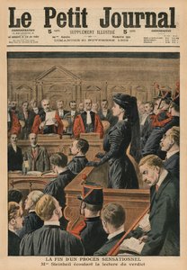 センセーショナルな裁判の終わり、評決を聞くマルグリットシュタインハイル、「ルプチジャーナル」の表紙イラスト、補足イラストレーター、1909年11月21日