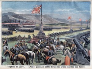 日露戦争終結、ロシアの武器奪取の前に座る日本の戦勝軍、「Le Petit Parisien」にて、1906年6月24日(刻印) 作： French School