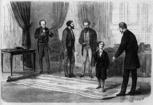 技術者ブーテは、皇帝ナポレオン3世（1808-1873）に、その息子である皇太子（1856-1879）の立会いのもと、フランスとイギリスを結ぶ鉄道橋の計画を提出した。 作： French School