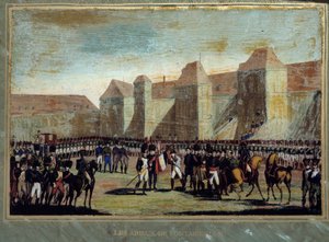 ナポレオン・ボナパルト（1769-1821）の別れは、1814年4月20日、フォンテーヌブローのシュヴァル・ブランの中庭で、皇室の衛兵を従えて行われた。匿名の絵画。1814年 エクス島、ナポレオン博物館 作： French School