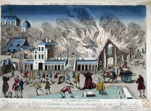 1762年3月16日から17日の夜、パリのサンジェルマン見本市の火事 - 彫刻 作： French School