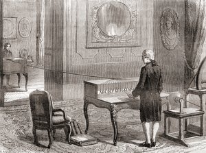 1774年にジョルジュ・ルイ・ル・サージュが発明した電気電信の最初の実演（1870年頃に出版された「Les Merveilles de la Science」より）（写真：彫刻