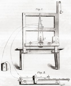 1837年にサミュエル・モースが発明した最初の電気電信機（1870年頃出版の「Les Merveilles de la Science」より）（彫刻 作： French School