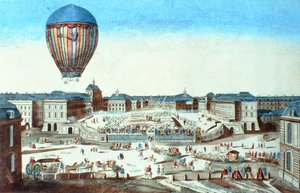 1784年6月23日、ベルサイユでスポンサーのM.モンゴルフィエにちなんで名付けられたピラトルデュロジェの熱気球の初飛行 作： French School