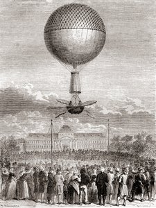 1784年3月2日、ジャン＝ピエール・フランソワ・ブランシャールが、フランス・パリのシャン・ド・マルスから打ち上げた水素ガス気球で、初めて気球飛行に成功した様子を、1870年頃に出版された『Les Merveilles de la Science』からご紹介します（エングレービング）。 作： French School