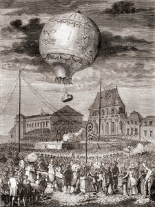1783年9月19日、モンゴルフィエ兄弟がフランスのヴェルサイユで、フランス国王ルイ16世と王妃マリー・アントワネットの前で行ったエアロスタット・レヴェイヨンの飛行（1870年頃出版の『科学の傑作』より）。 作： French School