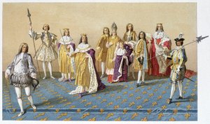 ルイ15世の戴冠式に参列した高官たち。ドルー侯爵、ヴィラール元帥、アルクール公爵、ランス大司教、ルイ15世、ロレーヌ公シャルル、ヴィルロワ公爵、アルモンヴィル公爵 - クロモ。 作： French School