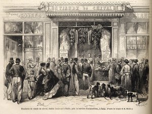1866年に開店したフォンテーヌブロー（パリ）の馬肉店 - butcherie chevaline - Boucherie Meat de Cheval Boulevard Italie pres de la barriere de Fontainebleau 1866）1866年の「Le monde illustrious」に掲載されたエングレーヴィング。 作： French School