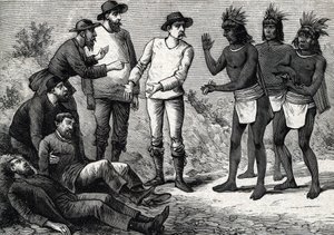 植民地時代にマラリアに苦しむヨーロッパ人をシンチョーナで助けたペルーの住民（版画）1888年 作： French School