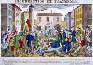 1833年4月3日、ドイツ連邦共和国の首都フランクフルトで起きた暴動。エピナルの写真