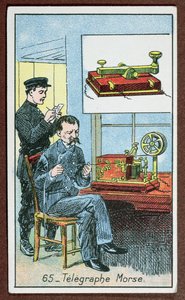 モールス符号付き電信の発明、素晴らしい発明を描いた一連のカードの65番、c.1910 作： French School