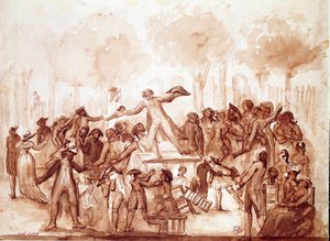 ジャーナリストのカミーユ・デムーラン（1760-1794）が王宮の庭園で愛国者たちに嫌がらせをした」 フランス革命の最初の場面、7月12日のパリ 作： French School