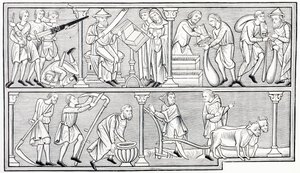 戦争、科学、商業、農業の労働は、13世紀の詩篇のミニチュアの後、1873年に出版されたLes Arts au Moyen Ageからのものです。 作： French School