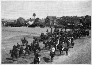 エティエンヌ・フェリシテ・サロモン大統領（1820-1888）の最後の閲兵式がハイチのポート・オ・プリンスで行われました。 作： French School