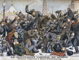 ロシアのリベラル運動、サンクトペテルブルクでの激しい乱闘、ルプティジャーナルからの挿絵：補足図解、1904年12月25日 作： French School
