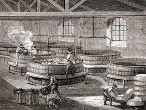 19世紀における大型タンクでの石鹸製造。1870年頃に出版された