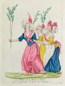 チュイルリーで女王を祝福するパリの市場の女性たち（色の彫刻） 作： French School