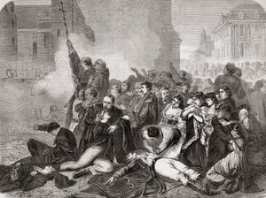 1861年4月8日、ワルシャワのキャッスルスクエアでのロシアの歩兵と騎兵による民間人の虐殺、「L "UniversIllustré」、1866年 作： French School