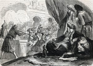 "1826年、スルタン・マフムード2世によるジャニサリー軍の虐殺、コンスタンティノープル"(彫刻) 1864年 作： French School