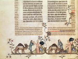 井戸でのエリエゼルとレベッカの出会い、ジャンドシの聖書、1355年頃