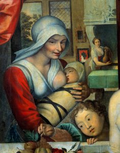 子供を抱く女中 「風呂の中のガブリエル・デストレー」の詳細ガブリエル・デストリーズ（1573-1599）とアンリ4世の息子であるヴァンドーム公セザール（1594-1665）の幼少期に、メイドが母乳を与えていた。フランス派の絵画。16〜17世紀 日1,15x