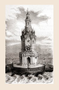 フランスのジロンド河口近くにある17世紀に建てられたコルドゥアン灯台（1870年頃発行の「Les Merveilles de la Science」に掲載されていたもの）。 作： French School