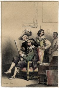 画家ディエゴ・ベラスケス（1599-1660）がアトリエに迎えたピエール・ポール（Pierre-Paul）・ルーベンス（またはPeter PaulまたはPetrus Paulus）（1577-1640）。ヴァレリオによる2色刷りのエングレーヴィング「Scenes de la vie des hommes famous」からの抜粋版。1843. 作： French School