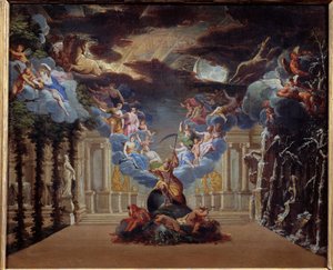 1676年に制作されたジャン・バティスト・リュリ（ジョヴァンニ・バッティスタ・リュリ）（1632-1687）の「アティス」のプロローグの装飾である「時の宮殿」 マーキュリーやヘルメスなどの神話的な人物が表現されている。17世紀のフランス派の無名の絵画。パリ 作： French School
