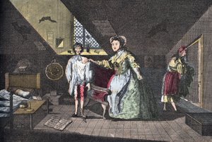 不倫に巻き込まれた敬虔な仕立て屋。Lire Et Galanterie "に掲載されている1768年のCabbageによるエングレーヴィング。ジョン・グラン＝カルテットの指導による週刊ガランテ画像集。1903-1904. 作： French School