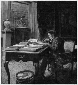 劇作家Victorian Sardou (1831-1908)のオフィスにて。1月2日の「La gazette du dimanche」に掲載された版画 作： French School